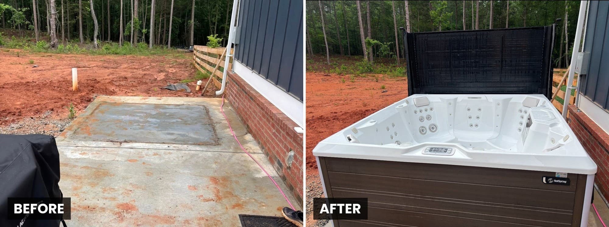 Before and after: an empty pad, then an installed hot tub